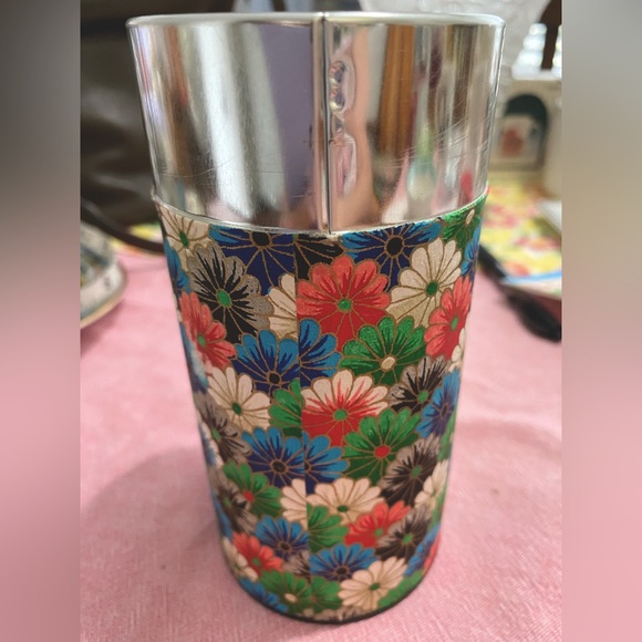 Japanese Tea Caddy. Double Lid of Tin and Washi Paper w/Floral Design. In EUC. - Picture 12 of 16